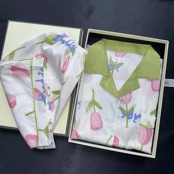 New Summer Ladies Faux Stain Pajamas Set Casual Shorts and Top Two Piece Set Flower Soft Faux Silk Home Service Set Woman M