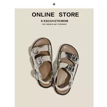 New summer leather platform sandals women s Roman flat bottom heightening open toe burst silver outer wear non-slip 35