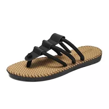 New Summer Men s Slippers Flat Flip-flops 2024 Casual Sandals Non-slip Beach Sandals Shoes Cotton Rope Outdoor Casual Soft-soled 39 чёрный