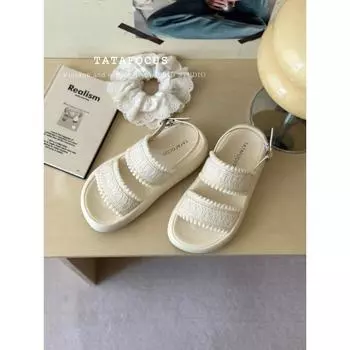 New summer outer wear woven lace platform sandals women s versatile outer wear seaside slippers with skirt 35 бежевый