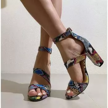 New summer round head thick heel rear zipper snake pattern colored sandals women s foreign trade large size hollow sexy high heels 35 разноцветный