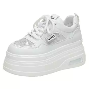 New Summer Women High Platform Bling Casual Shoes 8CM Comfortable Wedges Chunky Sneakers Breathable Mesh Sport Dad Shoes Woman 34 белый