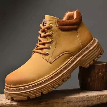New Thick Bottom Mens Ankle Boots Leather Outdoor Casual Walking Sneakers Fashion Designer High Top Motocross Boots Basic Botas 38 чёрный