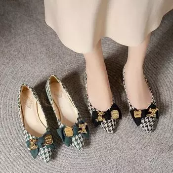 New Thick Heel Shoes Women s 2024 Spring New All-match Pointed Toe Flat Shoes Houndstooth Bow Shallow Mouth Medium Heel 35 чёрный