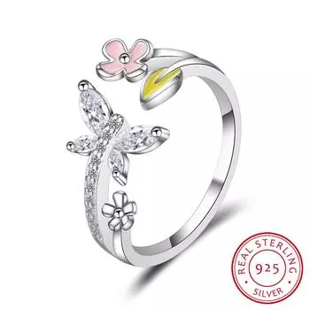 Новые модные 100% стерлингового серебра 925 пробы Love Of Butterfly розовые открытые кольца для женщин свадебные серебряные ювелирные изделия Resizable