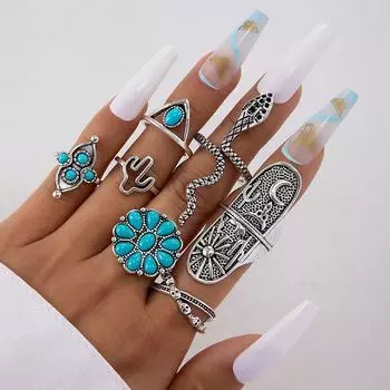 New turquoise opening 9-piece set of rings flower cactus triangle arrow tail ring index knuckle ring