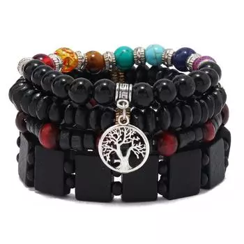 New turquoise wood bead alloy tree of life 4-piece bracelet elegant and fashionable handmade beaded bracelet чёрный