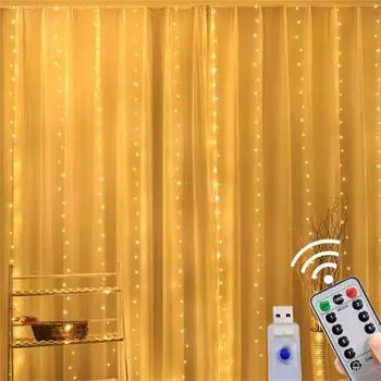 New USB 8 Function With Hook LED Copper Wire Curtain Light 3x3M Decorative Lights