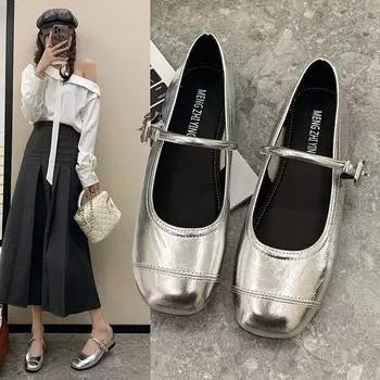 New versatile silver Mary Jane shoes light mouth with flat shoes French evening single shoes women s shoes 2024 summer 35