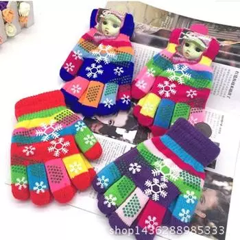 New Warm Thickened Double Layer Kids Student Dispensing Winter Knitting Baby Girl Snowflake Cycling Gloves Supply 2-5 years old color random All yards