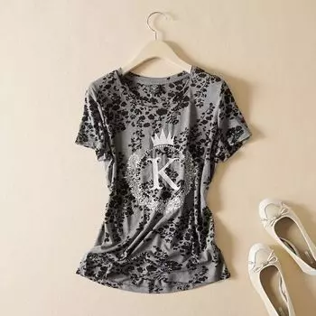 New Western Style Printed Ultra-Thin Top T-shirt with Short Sleeves Grey 42 S