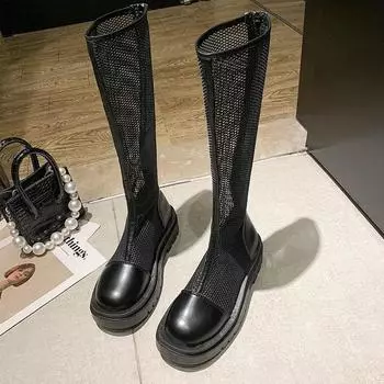 New white boots women s summer thin breathable mesh hollow knight boots small inner heightening thick bottom mesh 35 чёрный