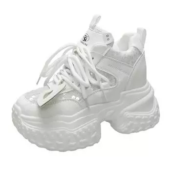 New Women Casual Platform Sneakers 10CM High Heels Autumn Sports Leather Shoes Breathable Trainers Chunky Sneakers Zapatos Mujer 34 чёрный