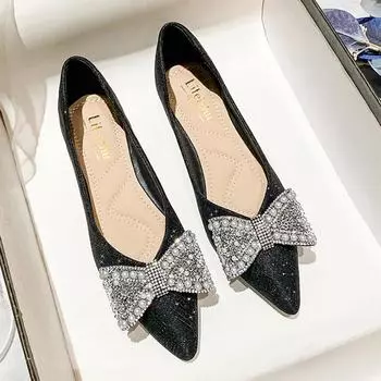 New Women Flats Shoes Spring Summer Pointed Toe Pearl Bowknot Casual Shoes Shiny Bridesmaid Loafers 35-43 35 хаки
