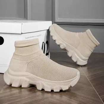New Women Men Comfortable Sock Boot Light Platform Ankle Boots Couples Casual High Top Sneakers Non-slip Thick Soled Tenis Shoes 35 белый