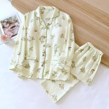 New Women s Pajama Set 100% Cotton Crepe with Chest Pads, Long Sleeved Pants, Cardigan, Home Furnishing Two Piece Set M