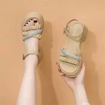 New women s sandals one-word buckle summer sweet fashion thick-soled non-slip and thin versatile open-toed shoes 35 абрикосовый