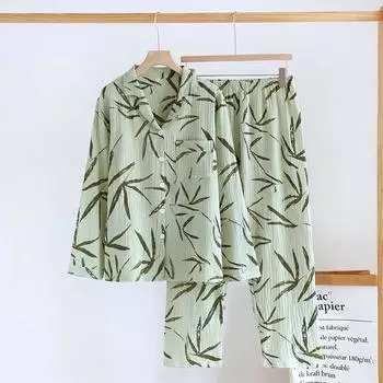 Новый женский весенне-летний пижамный комплект из 100% хлопкового крепа, тонкие зеленые брюки с длинными рукавами, комплект из двух предметов M зелёный