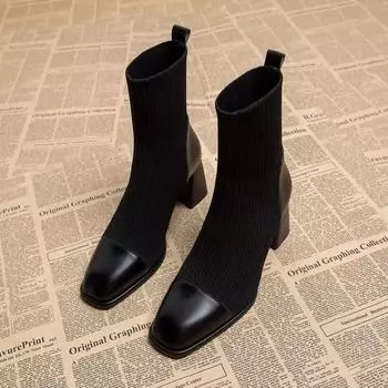 New Women s Thick Heel Women Ankle Boots Fashion Pearl Decoration Shoes Retro Style Autumn Winter Square Toe Ladies Short Boots 35 чёрный