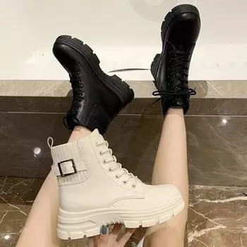 New Women White Ankle Boot Leather Thick Sole Lace Up Booties Female Autumn Winter Platform Shoes Rubber Cowboy Boots 35 чёрный