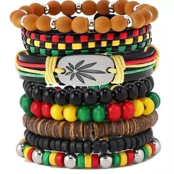 New Wood Bead Beaded Elastic Thread Leather Handwoven Men s Bracelet Bracelet Bracelet разноцветный