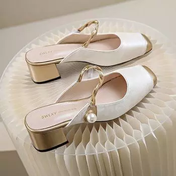New word and a half drag summer new bag head fashion thick heel Mary Jane cool slippers 35