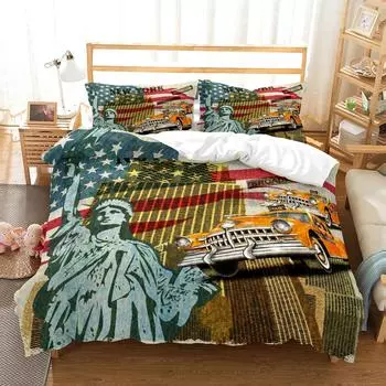 New York Statue of Liberty Duvet Cover KingQueen Size Retro Car Nostalgic 50s Bedding,Vintage Car Polyester Quilt Cover for Men 70x133cm 2pcs