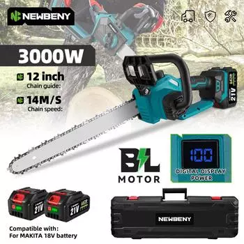 NEWBENY 12-дюймовая бесщеточная электрическая цепная пила со светодиодным дисплеем, аккумуляторная садовая пила для резки древесины, лесозаготовок, аккумулятор Makita 18 В Without Battery