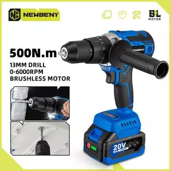 NEWBENY 500 Нм 13 мм бесщеточная электрическая дрель 20+3 крутящий момент беспроводная электрическая отвертка электроинструменты для Makita 18 В аккумулятор 2xBattery-EU Plug