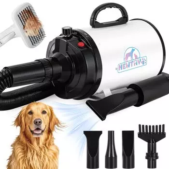 NEWTRY Pet Dryer для собак Pet Dryer Blower Плавная регулировка скорости с 3 насадками Поставляется с щеткой Скорость и температура воздуха Регулируемый большой воздушный поток белый