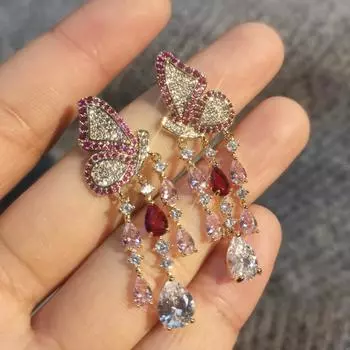 Нежные 925 серебряные иглы с крыльями бабочки, серьги с кисточками и каплями воды для женщин, красочные украшения с кубическим цирконием, банкетные украшения