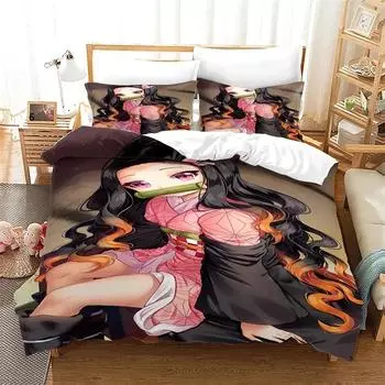 Nezuko Kamado комплект постельного белья аниме Demon Slayer пододеяльник одеяло постельное белье один-твин полный королевский размер 3d дети подарок для девочек и мальчиков 70x133cm 2pcs