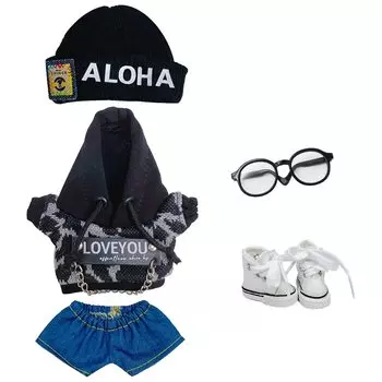 niannyyhouse 10cm stuffed toy clothes loose leopard print suit hat hoodie shorts glasses canvas shoes cotton doll accessories (Black+White)