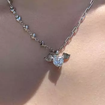 Niche Design Love Splicing Chain Ожерелье Angel Wing Цепочка Heart Wing Ключица Цепочка Для Женщин