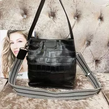 Niche Design Модная черная сумка-ведро из коровьей кожи с крокодиловым узором Универсальная кожаная сумка-мессенджер через плечо чёрный