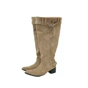 Niche design rear zipper pointed big tube circumference high heel stacking boots retro western cowboy boots thick heel boots women 35