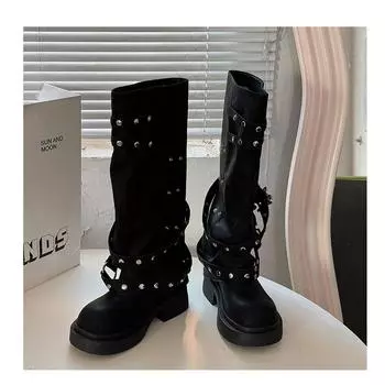 Niche design sense black Maillard trouser boots new retro round head boots rivet knight boots 35