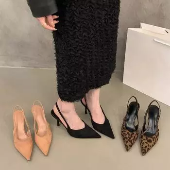 Niche French leopard print high heels bag head sandals fairy shoes 2025 new spring and summer suede pointed single shoes 35 коричневый