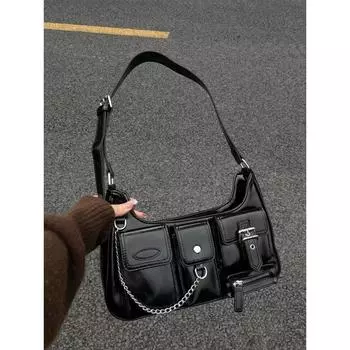 Niche Hong Kong-style Motorcycle Bags, Retro Bags, Millennial Girl Bags, Underarm Bags, Single-shoulder Hand-held Shiny Leather Women s Bags чёрный