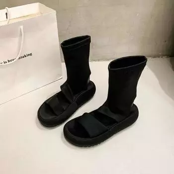 Niche set of toe cool boots for women s summer new muffin thick-soled high-top sandals elastic thin short boots 35
