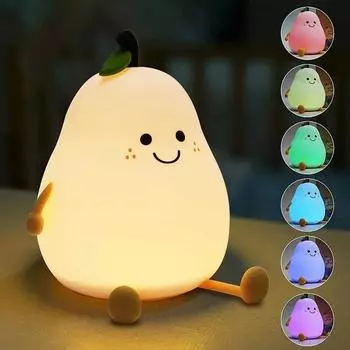Night Lights for Kids Pear Shaped Cute Silicone Nightlight 4/7 Colors Night Lamp USB Charging for Bedroom Bedside Room