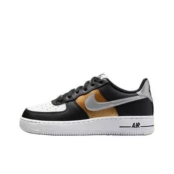 Nike Кроссовки Air Force 1 Low GS Black Gold Metallic Silver Kids с белым металлическим-золотым покрытием HV0937-010 36.5