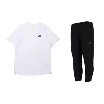 Nike Логотип из букв, узор, пуловер с круглым вырезом, короткий рукав, универсальный, дышащий, длинные брюки, повседневный спортивный костюм, мужской спортивный костюм AR4999-101+DD5004-010 S