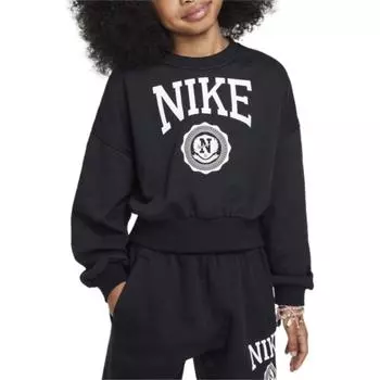Nike Спортивная одежда Клубная мода свитер с круглым вырезом и длинным рукавом простые универсальные детские топы черный белый HJ3373-010 XS