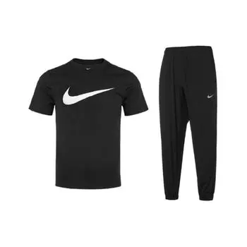 Nike Свободный дышащий круглый вырез с коротким рукавом быстросохнущий тканый длинный брюки повседневный спортивный костюм мужской костюм черный DC5095-010+FB7498-010 S