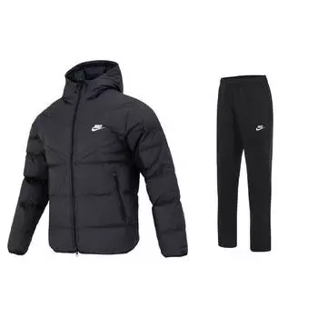 Nike Теплый пуховик с капюшоном и вышитым логотипом, трикотажные длинные брюки, повседневный спортивный костюм, мужской костюм, черный FB8178-010+BV2708-010 L