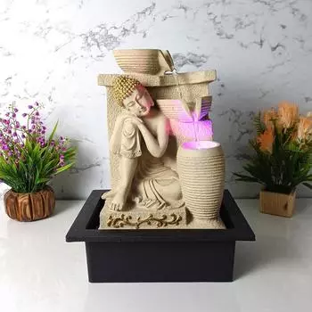 Nirvana Buddha Table Top Water Fountain with LED RGB Light for Home Decor/Office/Gift/House Warming Gift/Marriage Gift (Biege Stone)