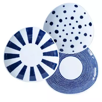 Nishikai Pottery Hasami Ware Lightweight Curry Plate Pasta Plate 3 Pattern Tableware Set 21cm Diameter Indigo Pattern Present Birthday Scissors