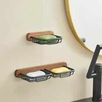 No-hole Punching Soap Dish New Chinese Style Non-condensing Draining Shelf Walnut Wood Fashionable Wall Mounted Soap Box