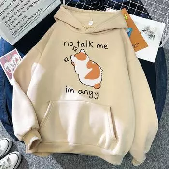 No Talk Me Cute Angry Cat Print Унисекс Толстовка Хип-хоп Мягкая Толстовка Повседневная Флисовая Толстовка Оверсайз Флис Унисекс Уличная Одежда L